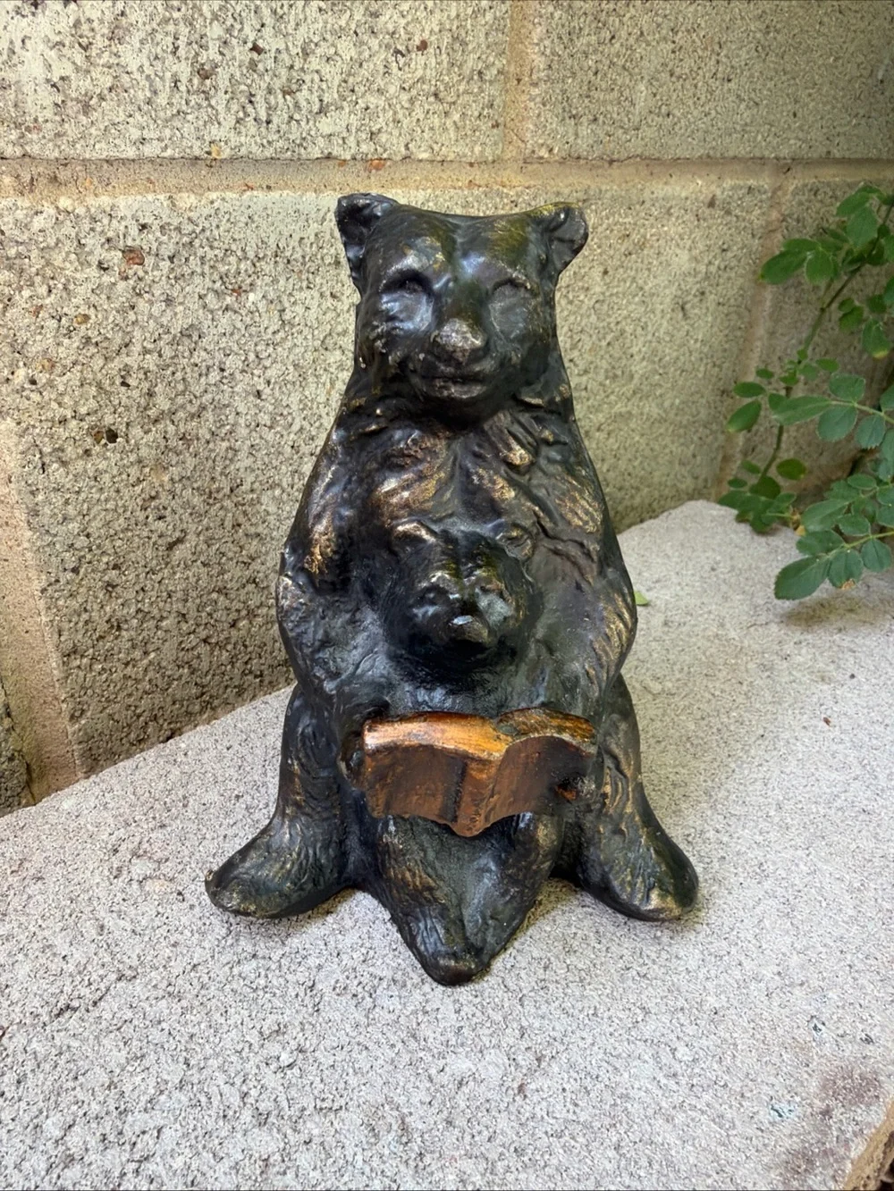 Vintage Bronze-Tone Reading Bear Figurine Home Accent One Bookend